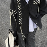 Aidase Unisex Vintage Punk Black Shirt Coat Men Women Spring Autumn Japanese Harajuku Tie Rope Top Versatile High Street Shirt aidase-shop