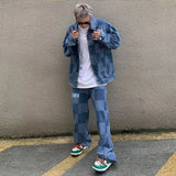 Aidase Autumn Denim Set Men Women Plaid Patchwork Lapel Denim Jacket Wide Leg Straight Jeans Men Casual Loose Two Piece Suit Unisex aidase-shop