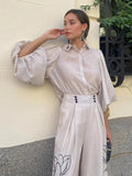 AIDASE  -  Solid Cotton Linen Printed Wide Leg Pants Set Women Casual Daily Bubble Sleeve Shirt Two Piece Suit 2025 New Summer Street Wear aidase-shop