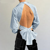 AIDASE  -  Tops American Style Fashion Sexy Men Deconstructive Backless Bow Shirts Casual Male Solid Loose Long Sleeved Blouse aidase-shop