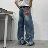 AIDASE  -  Summer New Plaid Patchwork Male Jeans Vintage Trendy Loose Design Versatile Straight-leg Fashion Men's Denim Pants 21E6611 aidase-shop