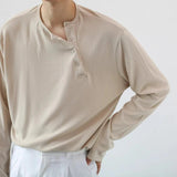 AIDASE  -  Korean Version Simple Cold Style Neckline Slanted Button Long Sleeve T-shirt Men's Spring Autumn Thin Style Ins Round Neck Top aidase-shop