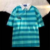 AIDASE  -  Vintage Hong Kong Style Striped Shirt Preppy Polo Collar Short Sleeved T-shirt Men Women Japan Letter Flocking Casual Lapel Top aidase-shop