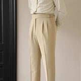 AIDASE  -  Paris Buckle Men's Suit Pants High Waist Slim Fit British Style Vintage Business Casual Straight Leg High Rise Long Trousers aidase-shop