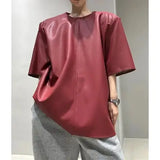 Aidase Large Size Leather Shirt Spring PU Leather Jacket High-end Feeling Short Sleeved Top Temperament Loose Fit Unisex  Grunge Tees aidase-shop