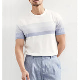 Aidase New Summer Light Mature Wind Ice Silk Round Neck Trend Gradient Contrast Stripes Light Luxury Knit Short Sleeve T-shirt