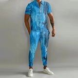 AIDASE  -  Fashion Striped Print Mens Tracksuits Spring Summer Short Sleeve Lapel Zipper Tops and Pants Two Piece Sets Men Sports Clothing aidase-shop