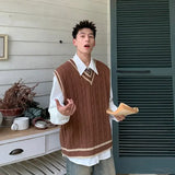 Aidase V Neck Knit Sweater Male Black Waistcoat Striped Brown Vest Men's Clothing Sleeveless Aesthetic Meme Old Korean Autumn Clothes A