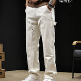 AIDASE  -  White Workwear Thigh Patch Jeans Men's New Woodcutter Rivet Straight Denim Pants Spring Autumn American Retro Cotton Cargo Pants aidase-shop