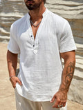 AIDASE  -  Men's Linen Blend Henley Shirt Short Sleeve V Neck Casual Summer Beach Top aidase-shop