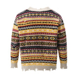 Aidase Retro Rainbow Striped Cardigan Sweater Men's Autumn New Trendy Su Outwear Y2k Knitwears Oversize Raw Edges Frayed Sweatercoat aidase-shop