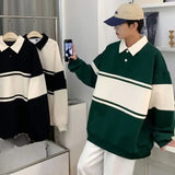 AIDASE  -  Lapel Long Sleeved Men's Sports Shirt Contrasting Color Splicing Male Pullover Shirt Loose American Retro Top aidase-shop