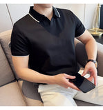 Aidase Business Casual Solid Color Men's Polo Shirt, 2024 Summer Classic, Men Short Sleeve V-neck T-shirt, Slim Fit Spliced Polo 4XL-M aidase-shop