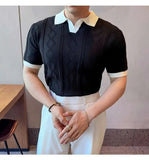 AIDASE  -  Images Simple Striped Ice Silk Elastic Jacquard Turn-down Collar Short Sleeved T-shirt 2025 Contrast Color Male Tops aidase-shop