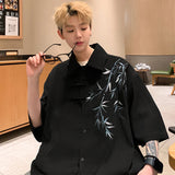 Aidase Bamboo Embroidery Shirts Men Summer Male Handsome Chic Fashion Ins High Street Half-sleeve Cool Casual Baggy New Shirt 5XL-M