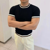 AIDASE  -  Light Luxury Ice Silk Knitted Contrast Color Round Neck Pullover Men's T-shirt Business Gentleman Male Tops aidase-shop