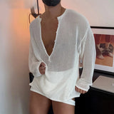 AIDASE  -  Men Sweater Solid V Neck Long Sleeve Hollow Out See Through Male Pullovers Streetwear Loose Fashion Casual Men Clothing aidase-shop