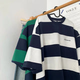 Aidase Trendy Loose Fitting Short Sleeved Men and Women Summer American Retro Striped Round Neck T-shirt Couple Casual Top Harajuku aidase-shop