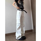 AIDASE  -  Retro White Slim Fit Multi ket Work Trousers Men Women Summer Straight Leg Narrow Version American High Street Vibe Pants aidase-shop