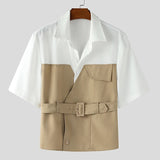 AIDASE  -  Men Shirt Patchwork Lapel Short Sleeve Lace Up Casual Men Clothing With Belt Streetwear 2025 Fashion Male Shirts Tops aidase-shop