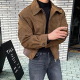 Elegant Solid Brown Coat Men's Spring Autumn High-end Loose Lapel Plush Top Winter New Zipper Short Jacket Vintage Streetwear