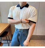 AIDASE  -  Images Simple Striped Ice Silk Elastic Jacquard Turn-down Collar Short Sleeved T-shirt 2025 Contrast Color Male Tops aidase-shop