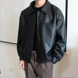Aidase Men Korean Style Faux Leather Jacket for Male Loose Short Motorcycle Leather Jacket Oversize Brown Retro Button PU Moto Coat 3XL aidase-shop