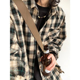 AIDASE  -  Retro American Plaid Long Sve irt Men Women Spring Autumn Mural Embroidery Ripped Workwear Loose Fit irt Jaet aidase-shop