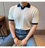AIDASE  -  Images Simple Striped Ice Silk Elastic Jacquard Turn-down Collar Short Sleeved T-shirt 2025 Contrast Color Male Tops aidase-shop