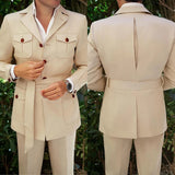 AIDASE  -  Khaki Men's Suit 2 Pieces Blazer Pants Bow Collar Single Breasted Buckle Business Work Wear Wedding Prom Costume Size Color