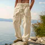AIDASE  -  Men's Cotton Linen Cargo Pants Elastic Waist Drawstring Multi-Pocket Loose Wide Leg Casual Summer Trousers For Hiking Travel aidase-shop