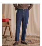 AIDASE  -  Vintage Cotton Men Jeans Suit Pants Elastic High Waisted Straight Trousers British Business Style  Casual Naples Denim Pant aidase-shop