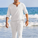 AIDASE  -  Men s Summer Cotton Linen Clothes Solid Color Long Sleeve Henley Shirt Elastic Waist Drawstring Pants 2 Pieces Loungewear Set aidase-shop