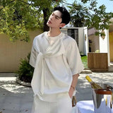 AIDASE  -  Men's T-shirts New Summer Cutting Tie Ribbon Design Round Neck Short Sleeve Solid Color Male Loose Clothing 2025 9W2125 aidase-shop