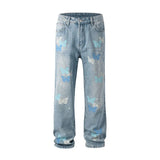 Aidase American Streetwear Butterfly Printed Straight Leg Jeans Man Hip Hop Splashed Ink Blue Jeans Y2k Slim Jeans Men 2024 Fashion aidase-shop