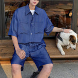 AIDASE  -  Summer Ice Silk Two Piece Men's Sets Shirt Trendy Summer Fashion Solid Color Single Breast Male Set aidase-shop