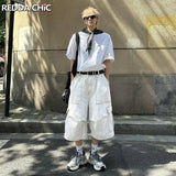 Aidase Men Adjustable Low Waist White Baggy Jorts Plain Pintuck Cargo Pockets Casual Wide Denim Shorts Pants Summer Trousers