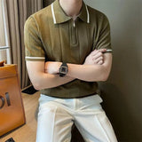 AIDASE  -  Edge Patchwork Knitted Polo Shirts For Men Summer Short Sleeved Versatile T-shirt Fashion Business Leisure Knitted Tshirts aidase-shop