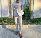 AIDASE  -  Light Gray Men Suits 2 Pieces Blazer Pants Double Breasted Tuxedo Slim Fit Business Wedding Formal Work Causal Customized aidase-shop