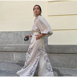 AIDASE  -  Solid Cotton Linen Printed Wide Leg Pants Set Women Casual Daily Bubble Sleeve Shirt Two Piece Suit 2025 New Summer Street Wear aidase-shop
