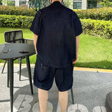 AIDASE  -  Fashion Male Denim Sets Short Sleeve Lapel Shirt Drawstring Shorts Summer New American Style Loose Men Two-piece 21E6480 aidase-shop