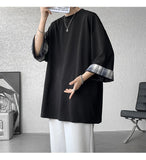 AIDASE  -  Spring Summer Men's Ice Silk T-shirts Women Oversized Plaid T-shirt Korean Style Casual Seven sleeves T-Shirt Male aidase-shop