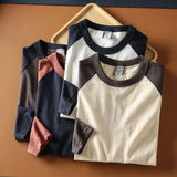 AIDASE  -  American Casual Shirt Retro Color-blocked Raglan Long-sleeved T-shirt Autumn O-Neck Casual Cotton Washed Brushed Bottoming Top aidase-shop