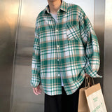 Aidase Autumn Thick Woolen Shirt Men Fashion Retro Casual Oversized Plaid Shirts Mens Korean Blue/Green Loose Long-sleeved Shirt Men