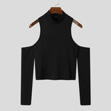 Aidase Sexy Off Shoulder T shirts For Men High Neck Long Sleeve Tight Turtleneck Tops Summer Casual Slim Hollow Out Crop Tee Streetwear