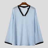 AIDASE  -  Men T Shirt Patchwork Hollow Out See Through Sexy Male Tee Tops Loose V Neck Long Sleeve Fashion Streetwear Men Clothing aidase-shop