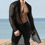 Aidase Sexy Hollow Out Loose Cardigan Shawl Mens Spring Summer Long Sleeve Beach Shirts Mesh Perspective Long Coat Cloak Streetwear