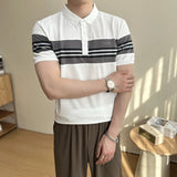 AIDASE  -  Summer New British Slim-Fitting Gray and White Striped Short-Sleeved Polo Shirt Men's T-shirt aidase-shop