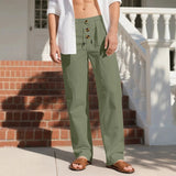 AIDASE  -  Men's High Waist Linen Wide Leg Pants with Button Detail Elastic Drawstring Casual Trousers for Men aidase-shop