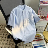 AIDASE  -  American Standing Collar Short Sleeved Shirt Solid Color Casual Summer Shirts Coat Loose Retro Male Clothing aidase-shop